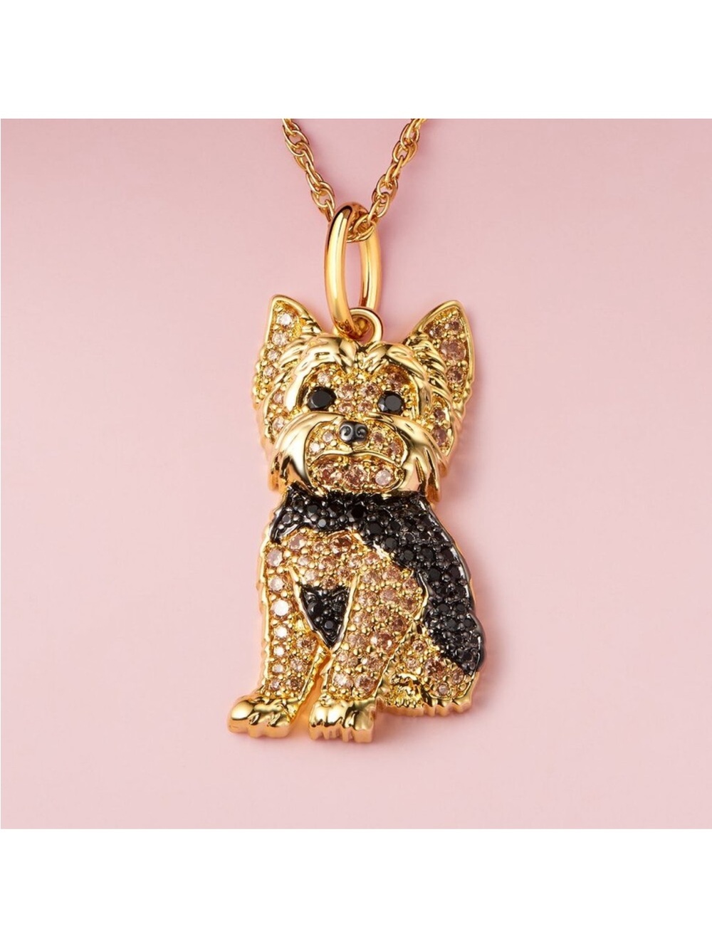 YORKIE Dog Breed 24k Gold Plated Rhinestone CZ Pendant Necklace